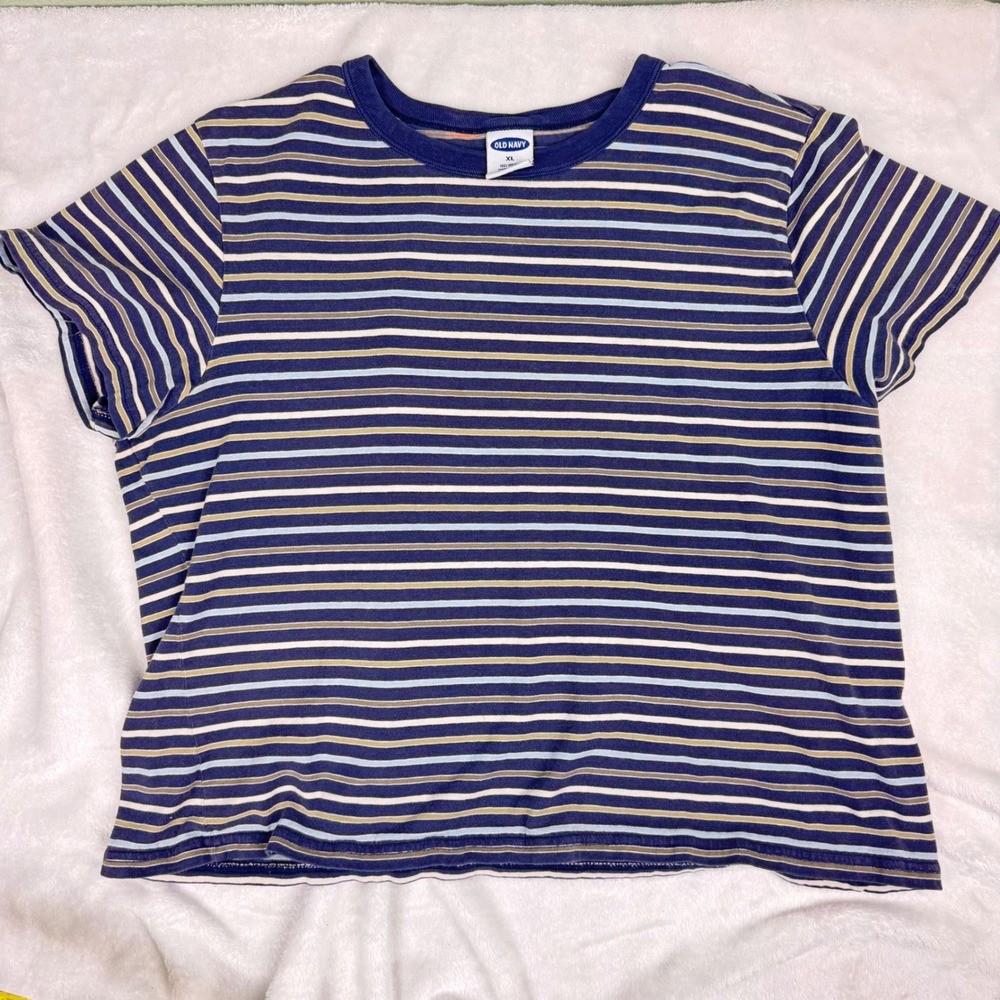 Old Navy Vintage Cropped Striped T-Shirt Navy Blue Tan XL Short Sleeve Cotton - Picture 5 of 7